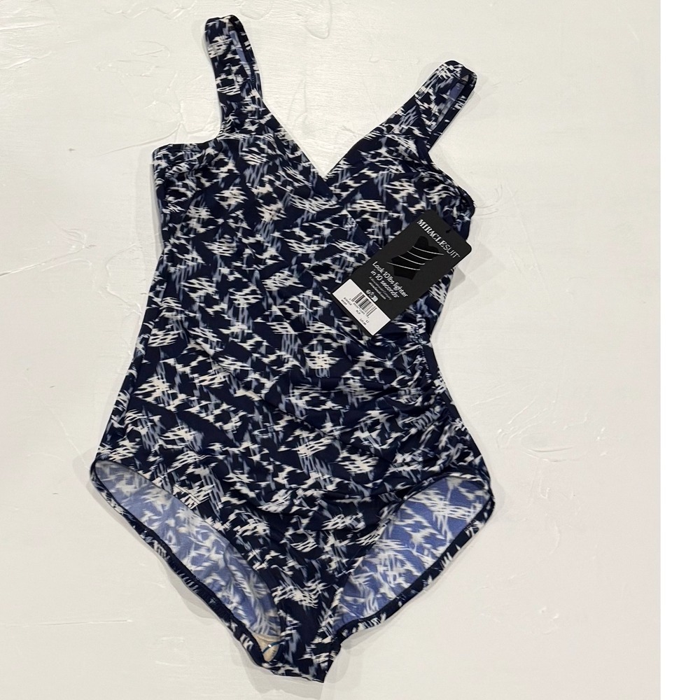 Miraclesuit Womens Navy White Abstract Print One Piece Swimsuit Size 12 NEW - Picture 2 of 13